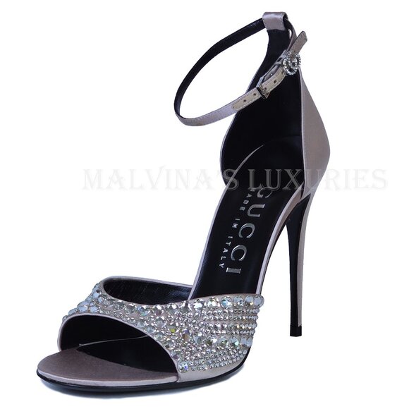 GUCCI SHOES CRYSTAL EMBELLISHED SATIN HIGH HEEL SANDALS sz 39 9 - Picture 8 of 15